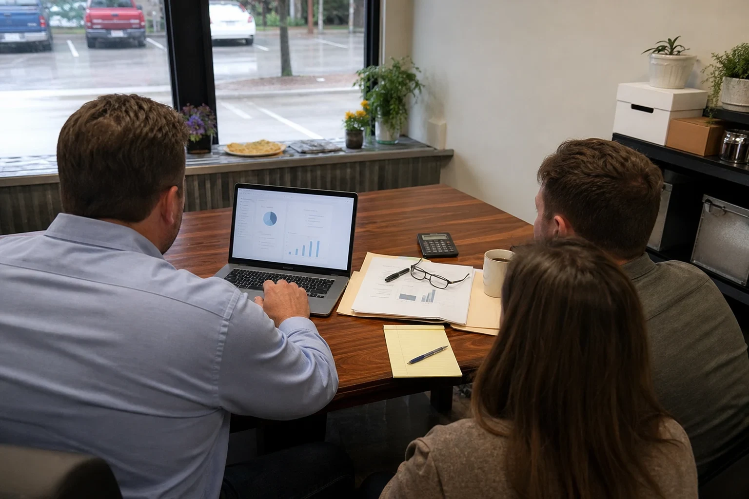 Agent in a light blue button-down shows charts on a laptop to a couple at a wooden table by a storefront window overlooking a rainy parking lot