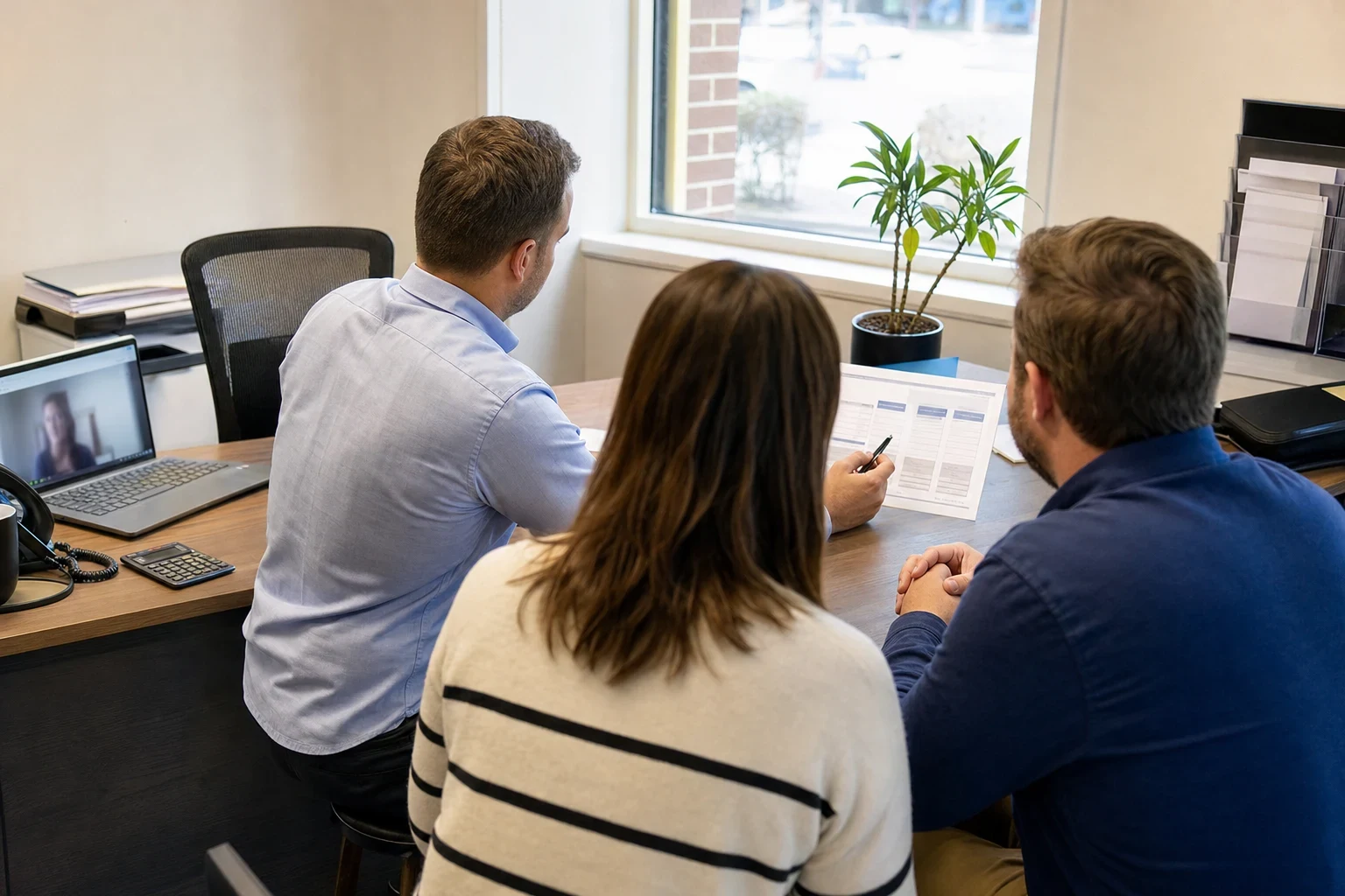 Insurance agent in a light blue shirt reviews a printed comparison sheet with a couple at an office desk, with a window and potted plant behind